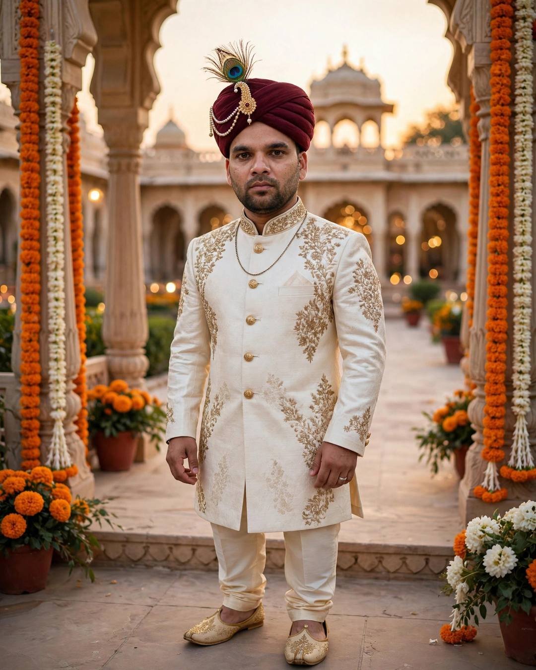 Indian groom in ivory sherwani with gold embroidery and maroon safa standing in a palace courtyard at golden hour