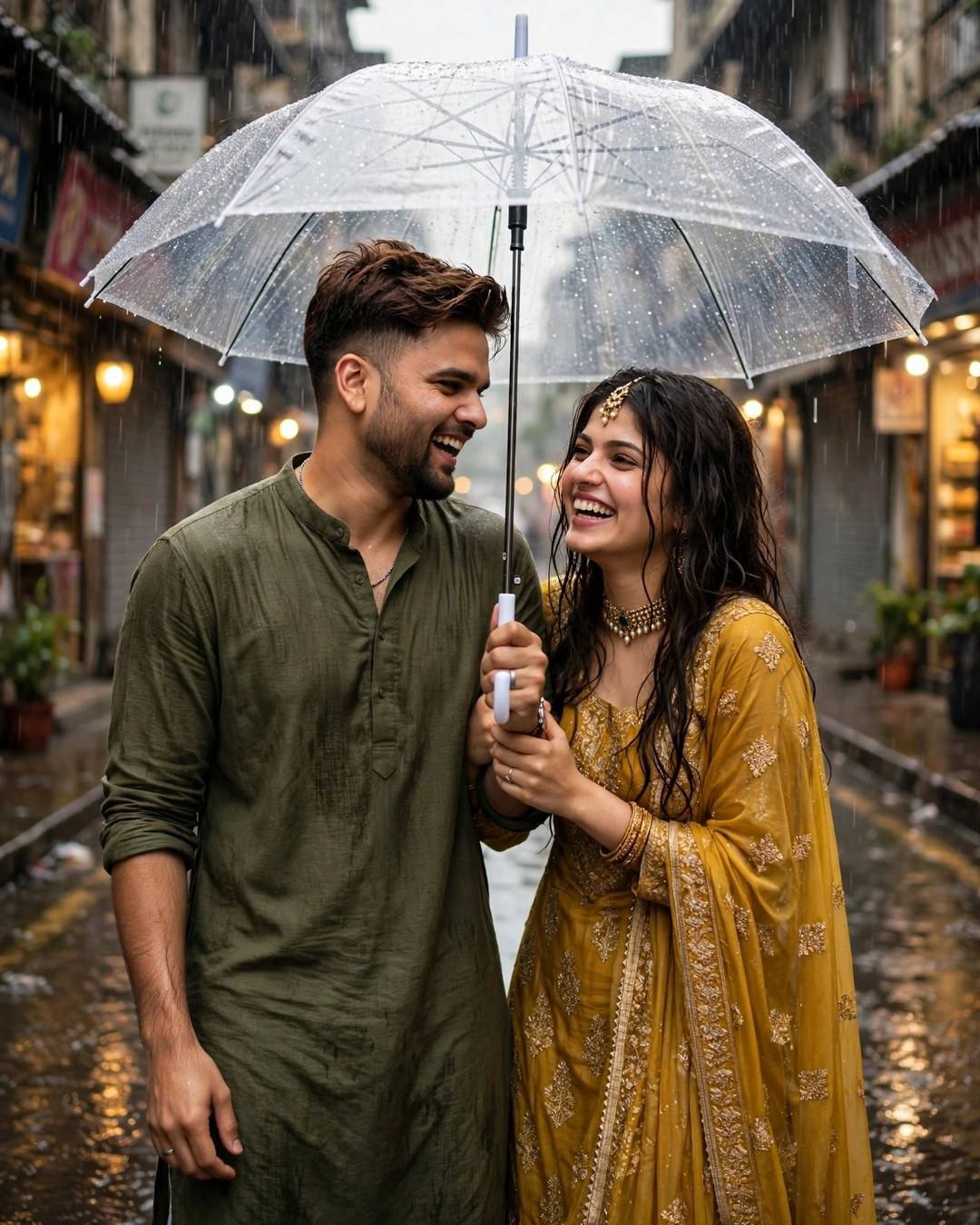 AI-generated couple photo: man in olive kurta and woman in mustard yellow salwar suit sharing a transparent umbrella in the rain