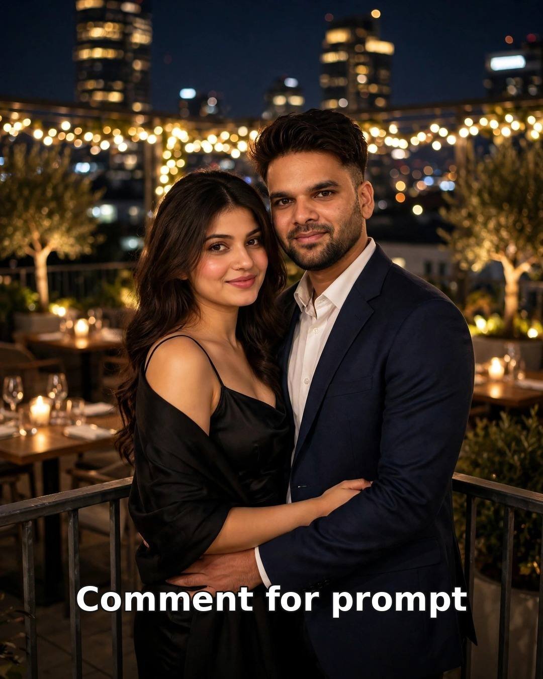 AI-generated rooftop dinner couple portrait with the AI prompt