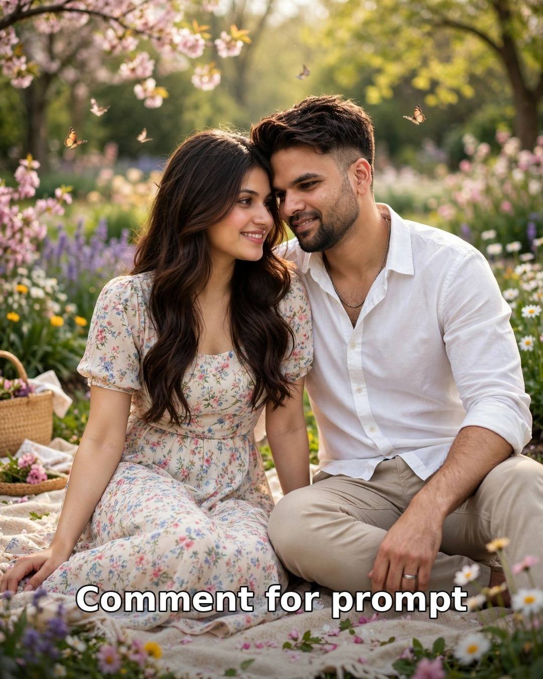 AI-generated garden picnic couple portrait — man in white shirt and beige chinos, woman in floral midi dress, sitting among spring flowers