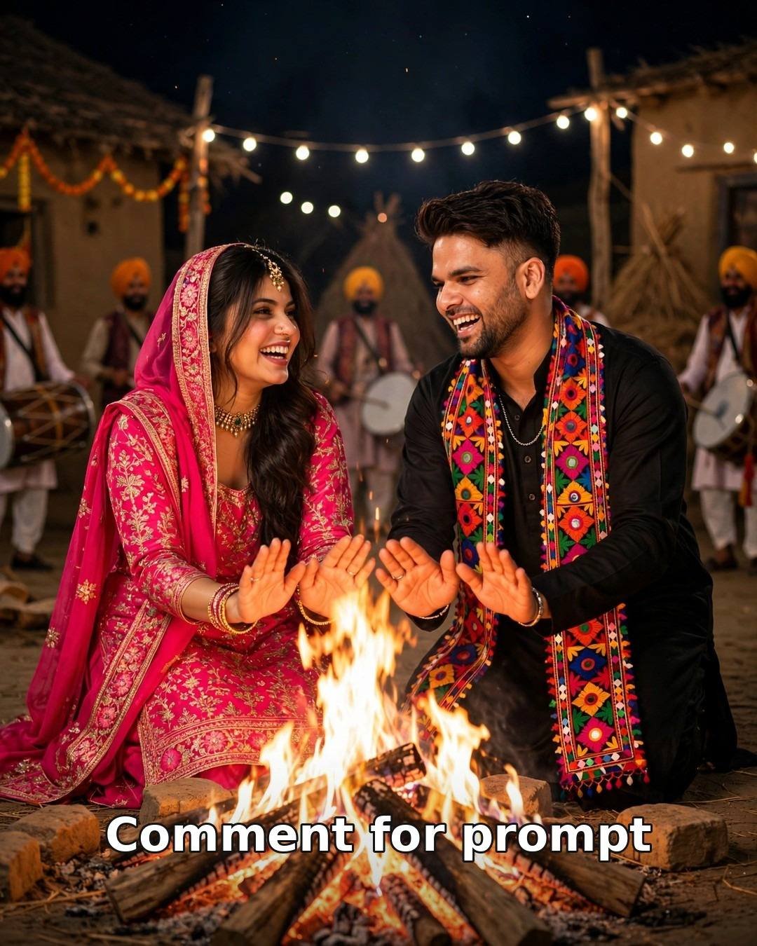 AI-generated Lohri celebration couple portrait — black kurta-pajama with phulkari stole and pink punjabi suit by a bonfire