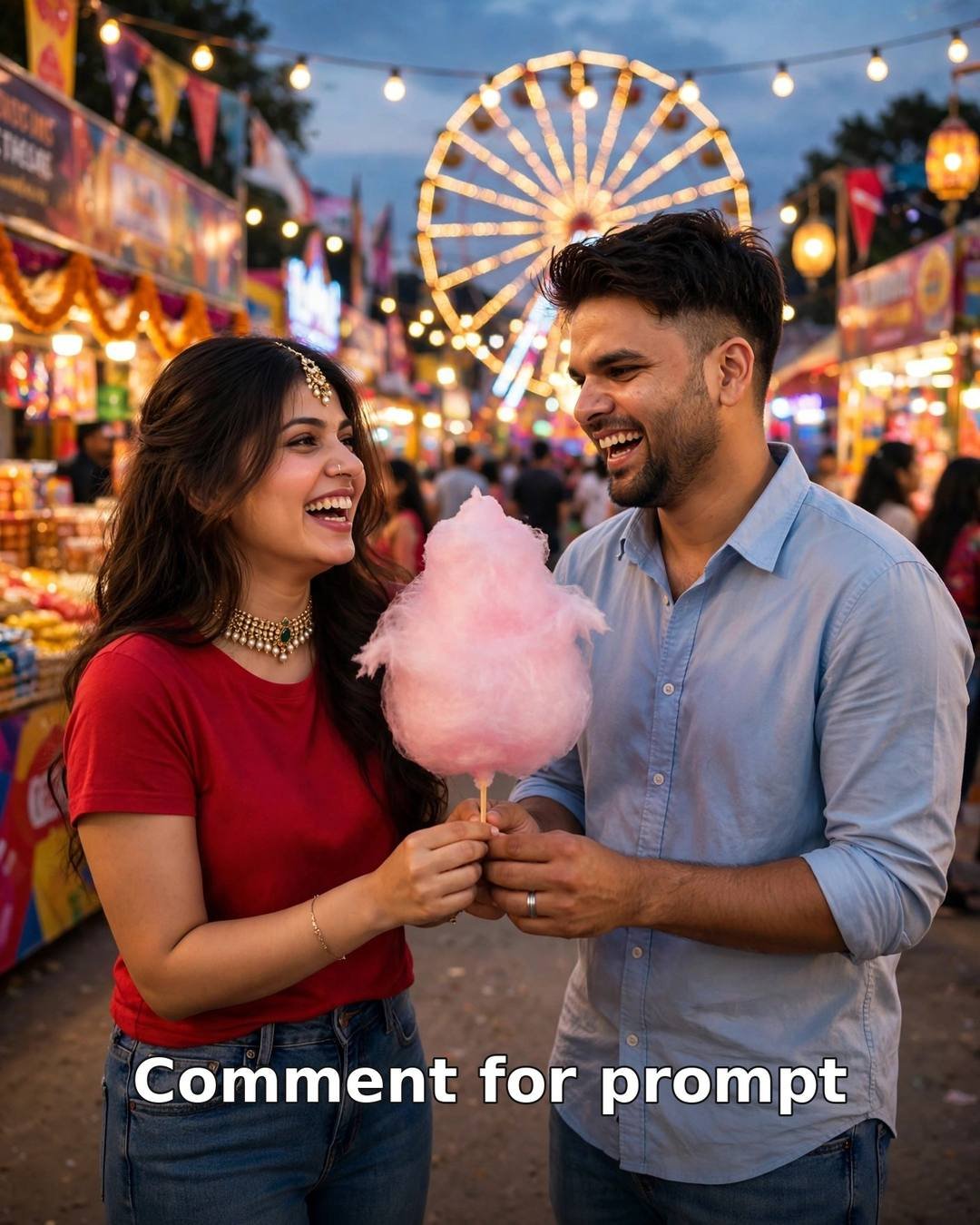 AI-generated mela cotton candy couple photo — man and woman sharing pink cotton candy at an evening fair, laughing