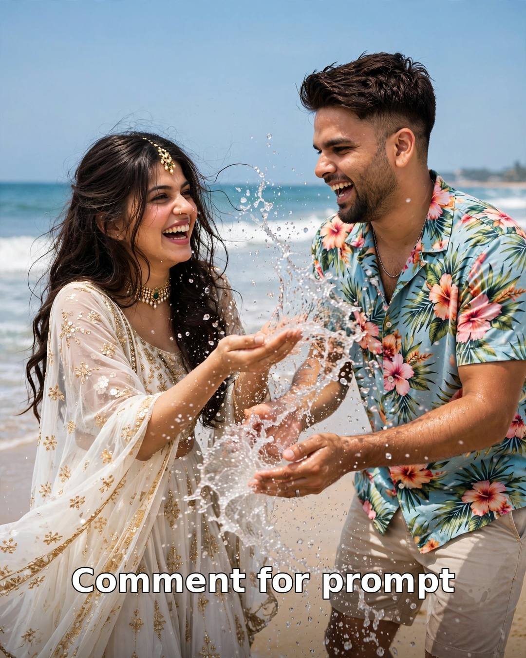 AI-generated beach splash fight couple photo — man and woman splashing water at each other on the beach, laughing