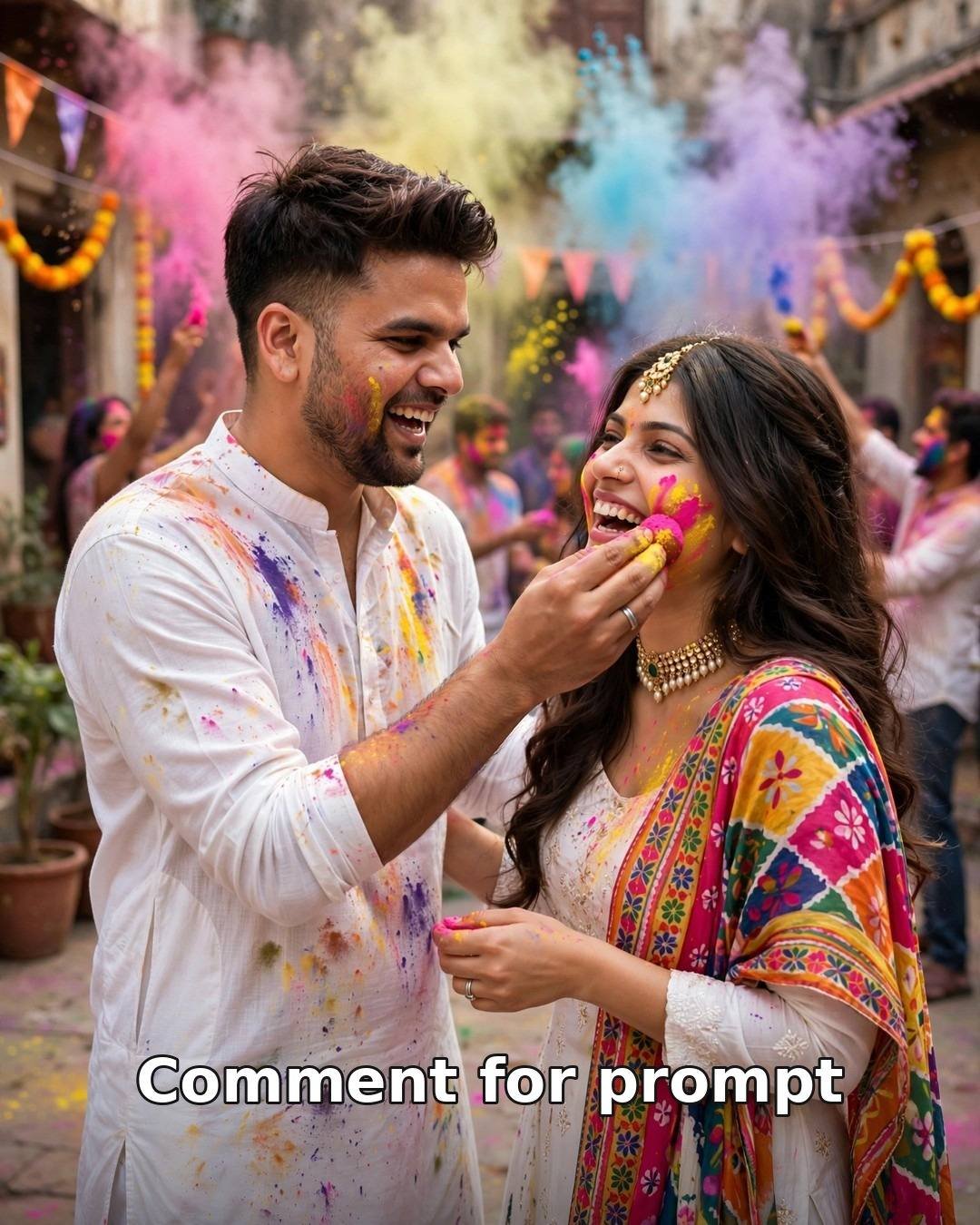 AI-generated Holi couple portrait — man in white kurta applying gulal to woman's cheek in colourful salwar with dupatta