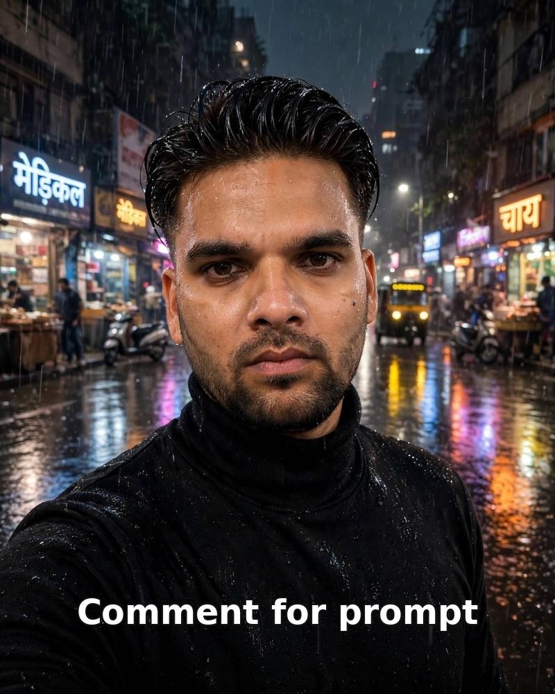 Young man in black turtleneck taking a selfie on a rain-soaked Mumbai street at night with neon reflections