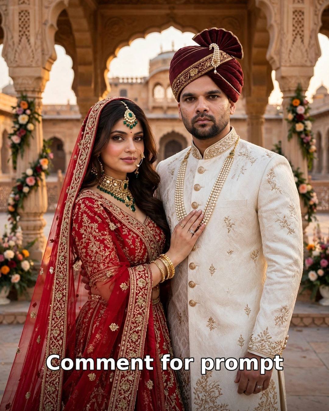 AI-generated royal wedding couple portrait — man in ivory sherwani and maroon turban, woman in red bridal lehenga with gold jewellery