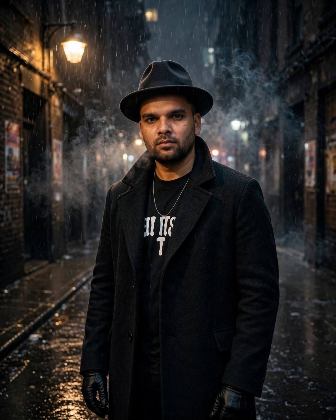 Man in dark wool overcoat and fedora standing in a rainy city alley at night under a glowing streetlamp, noir cinematic portrait