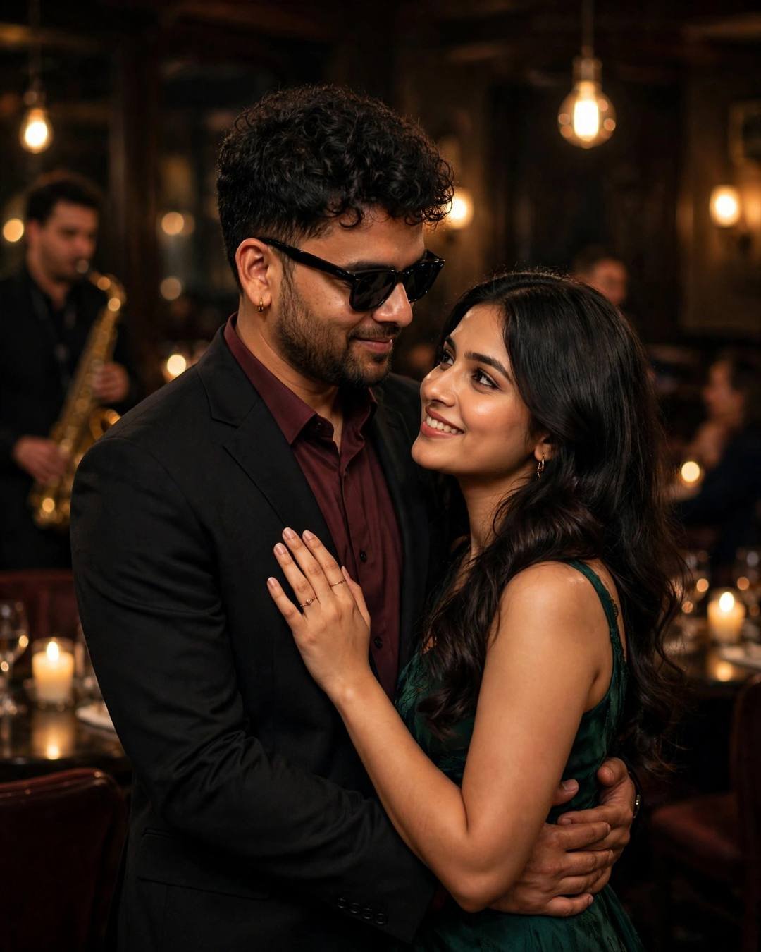 Couple in a vintage jazz club — woman in emerald green dress with her hand on the man's chest, he wears black suit, wine shirt and sunglasses, saxophone player blurred behind