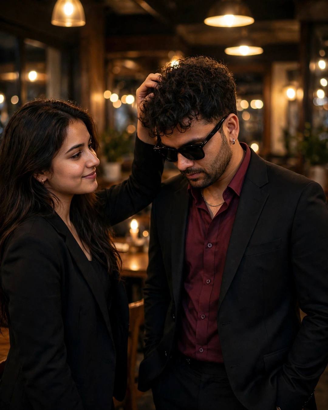 Stylish couple in a warm low-lit cafe — woman in black blazer running her hand through the man's curly hair, he wears black suit, wine shirt and sunglasses