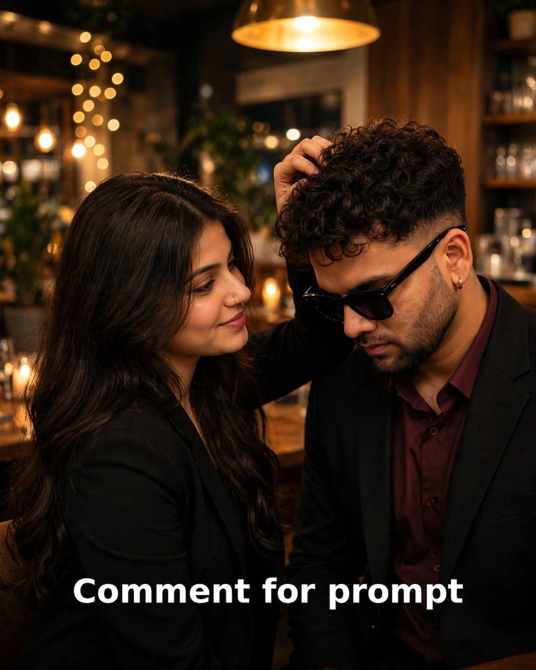 AI-generated moody cafe couple portrait — woman in black blazer running hand through man's curly hair, man in black suit with wine shirt and sunglasses