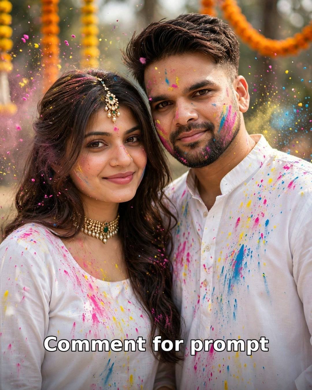 AI-generated Holi couple portrait — woman in white kurta with pink and yellow gulal, man in white kurta, colored powder clouds in daylight