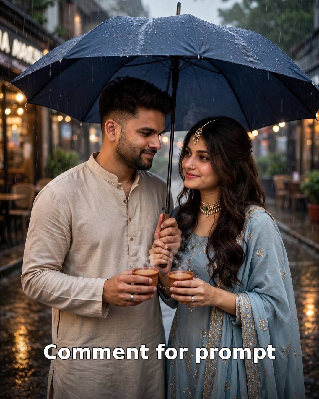 AI-generated monsoon chai couple photo — couple sharing umbrella with chai at rainy street cafe