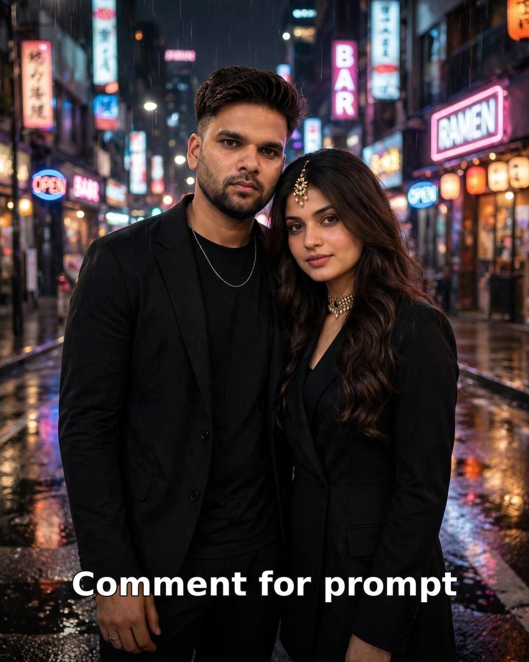 AI-generated neon night couple portrait — stylish black outfits on neon-lit city street at night