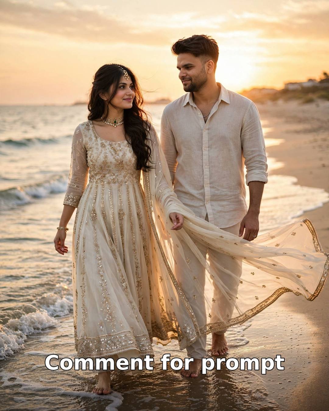 AI-generated sunset beach couple photo — couple walking on beach at golden sunset with flowing dupatta
