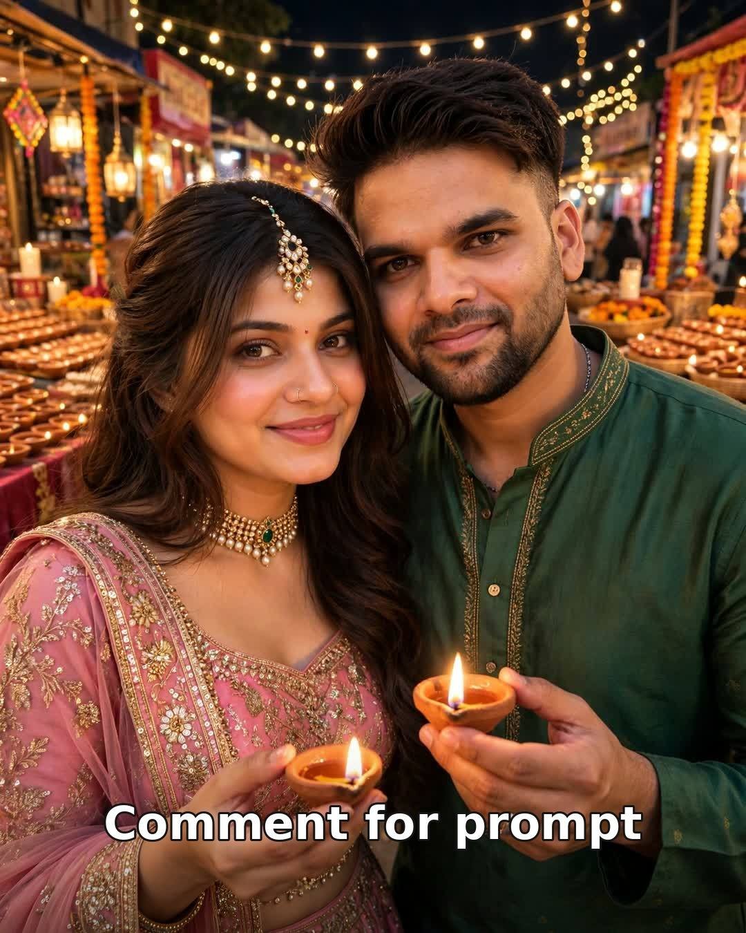 AI-generated Diwali couple photo — woman in pink lehenga and man in green kurta holding lit clay diyas at a festive night market with fairy lights