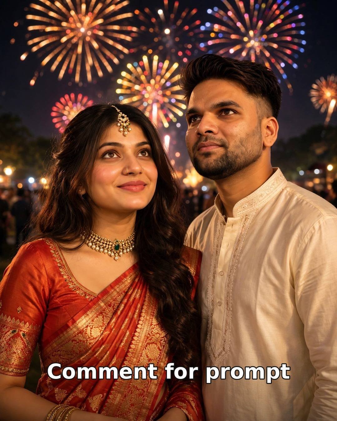 AI-generated Dussehra couple photo — woman in orange-red saree and man in cream kurta watching Ravan Dahan fireworks in the night sky