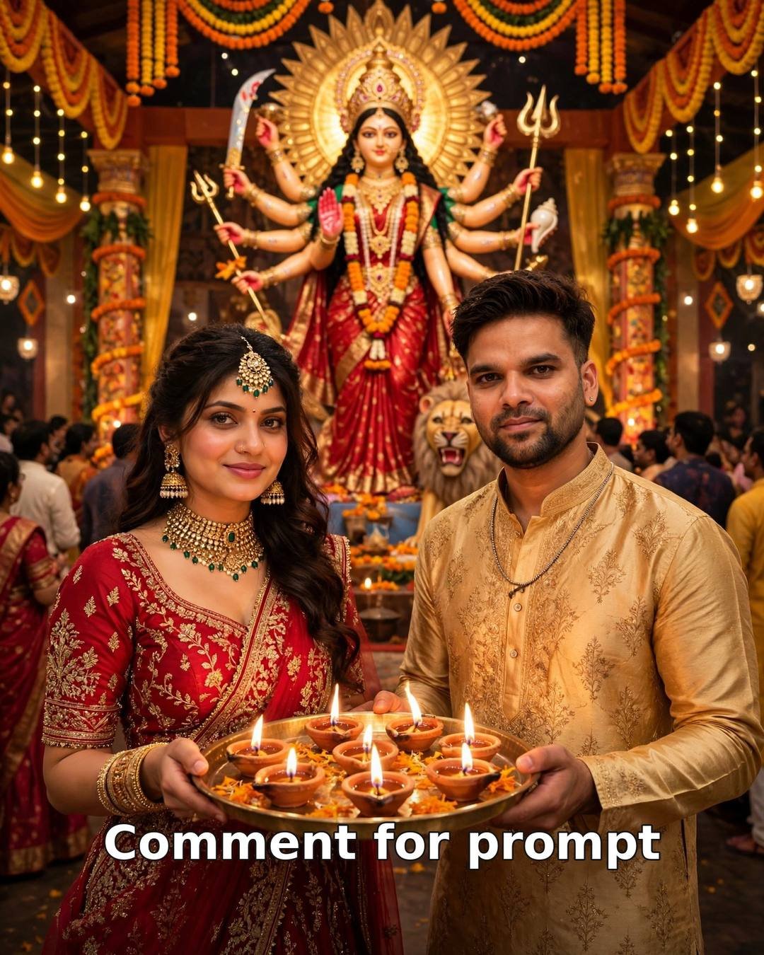 Navratri 2026 AI couple photo — couple holding aarti thali with lit diyas before a towering Goddess Durga idol in a decorated pandal