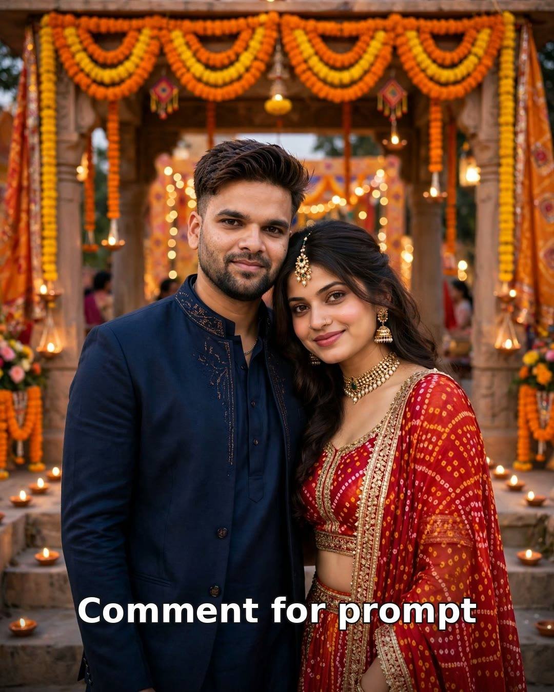 AI-generated Navratri couple photo — woman in bandhani chaniya choli and man in navy kurta at decorated pandal entrance with marigold torans and diyas