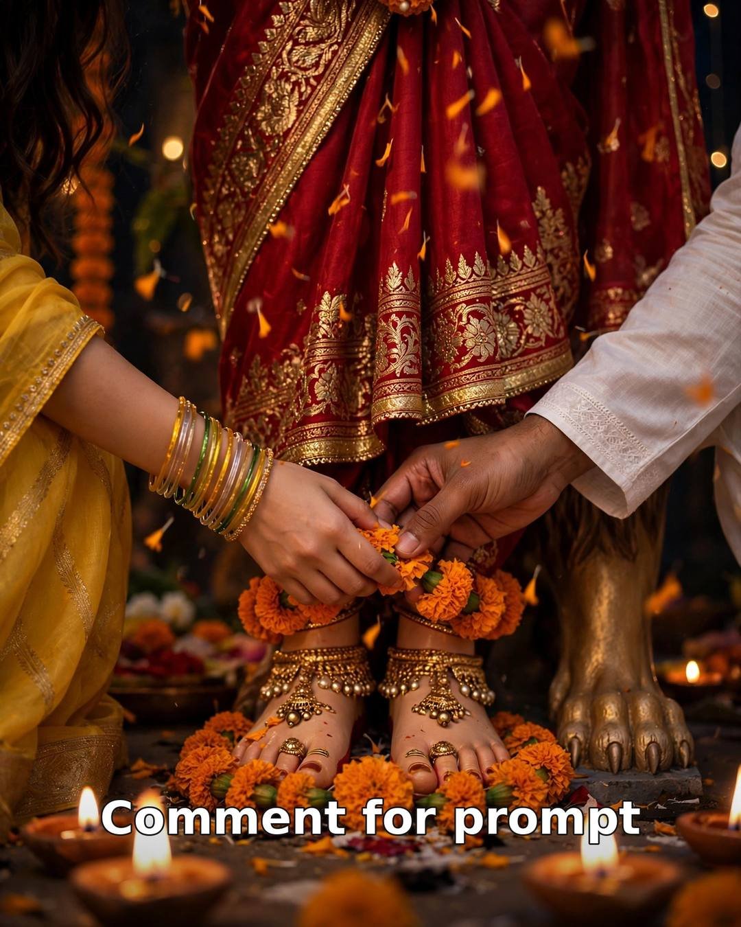 AI-generated Navratri couple photo — couple offering marigold garland at Goddess Durga's feet with lion's paws