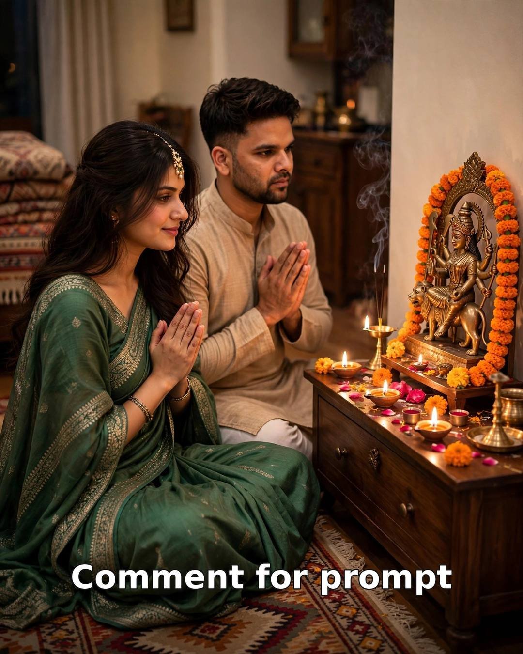 AI couple photo — young couple praying before a Ma Durga home altar with marigold garlands and lit diyas during Navratri 2026
