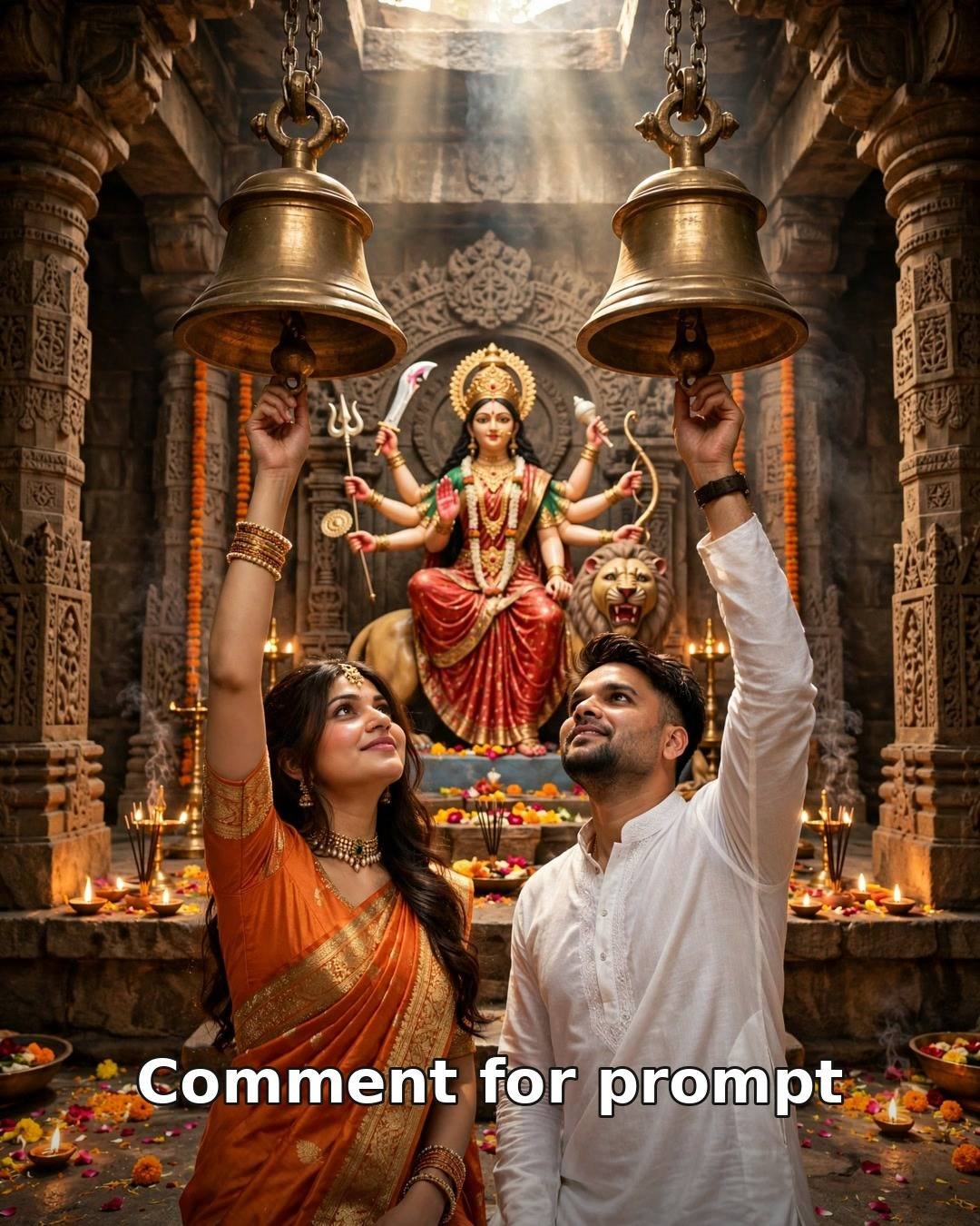 Navratri 2026 AI couple photo — couple ringing large brass temple bells before a beautiful Goddess Durga shrine inside an ancient temple