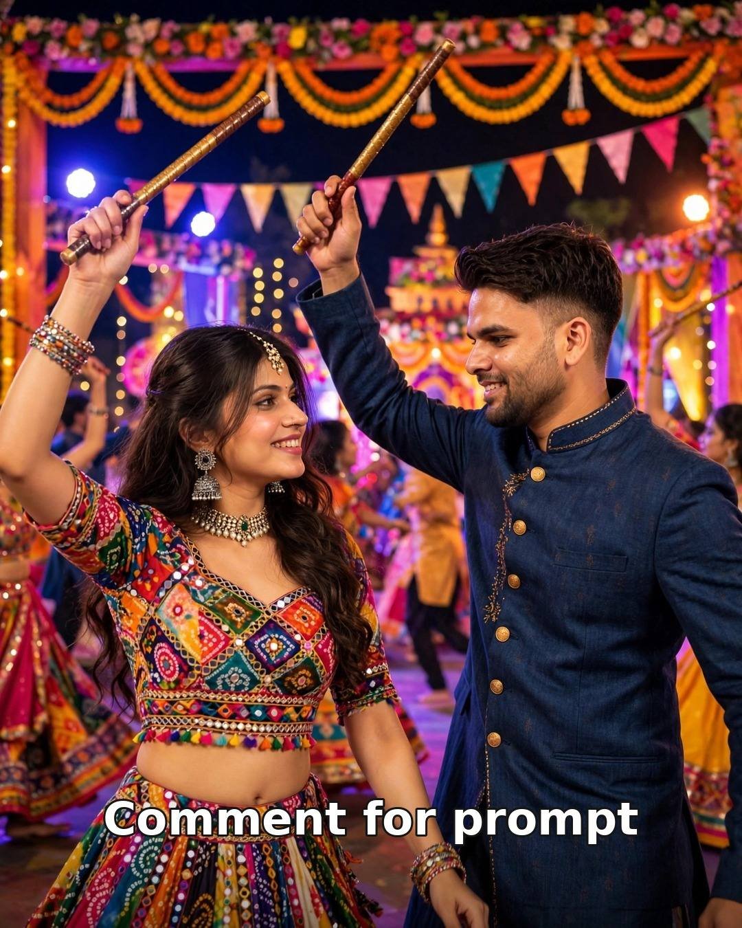 AI-generated Navratri dandiya couple photo — man in indigo bandhgala and woman in bandhani mirror-work lehenga raising dandiya sticks at a neon-lit night pandal