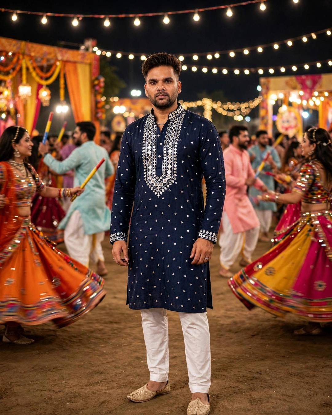 A young man in a navy blue mirror-work kurta with white churidar standing on a garba ground at night, dandiya dancers blurred behind him under string lights.