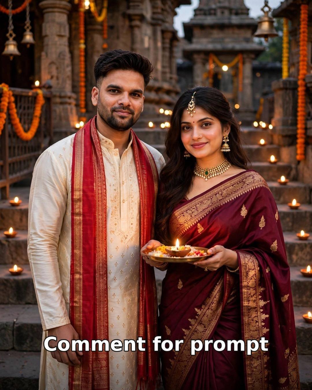AI-generated Navratri Temple Eve couple portrait — man in cream silk kurta with red stole, woman in maroon silk saree with gold temple jewellery, holding a lit diya thali on temple steps