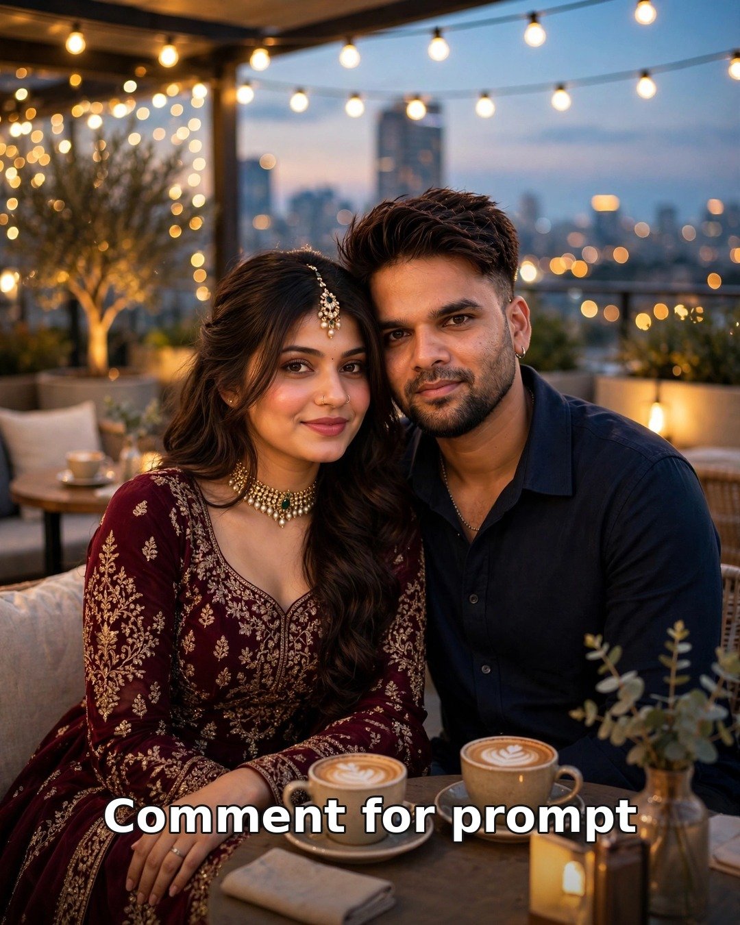 Rooftop cafe evening AI couple photo — couple in maroon dress and navy shirt with coffee cups under fairy lights and a glowing city skyline at dusk
