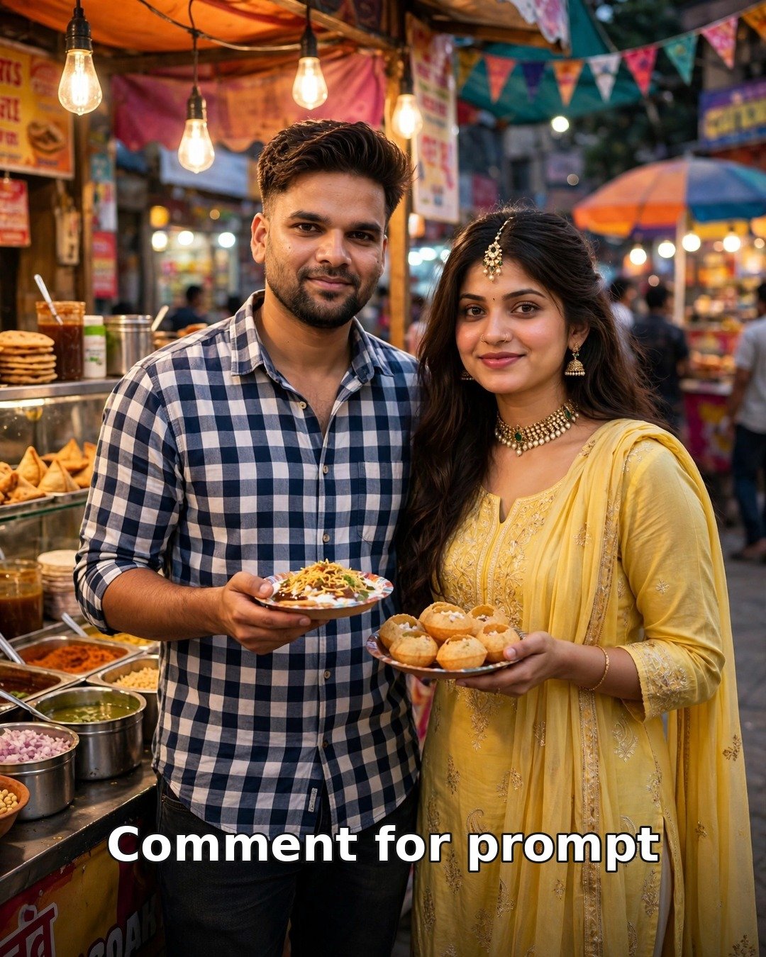 AI couple photo of a chaat date night — couple holding golgappe and chaat plates at a colorful street food stall with hanging bulbs in a lively evening bazaar