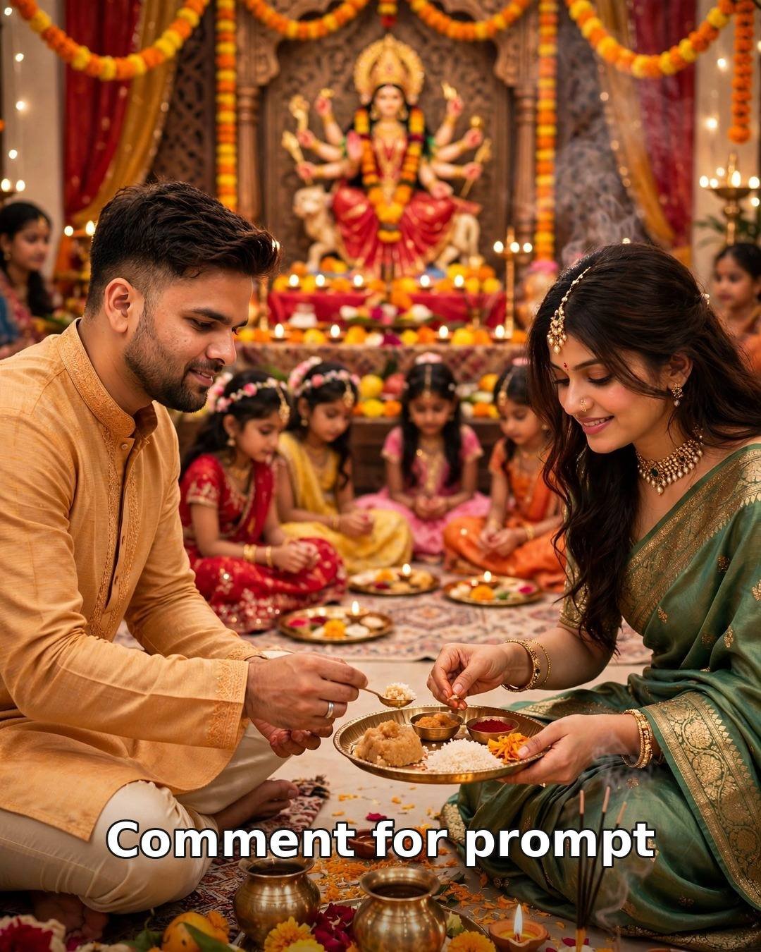 Navratri 2026 kanya pujan AI couple photo — couple with puja thali blessing young girls seated in a row before a Maa Durga idol on a decorated marigold altar