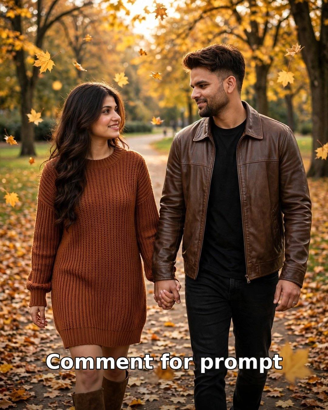 Autumn AI couple photo — couple walking hand in hand in a golden autumn park with falling leaves, leather jacket, rust knit dress