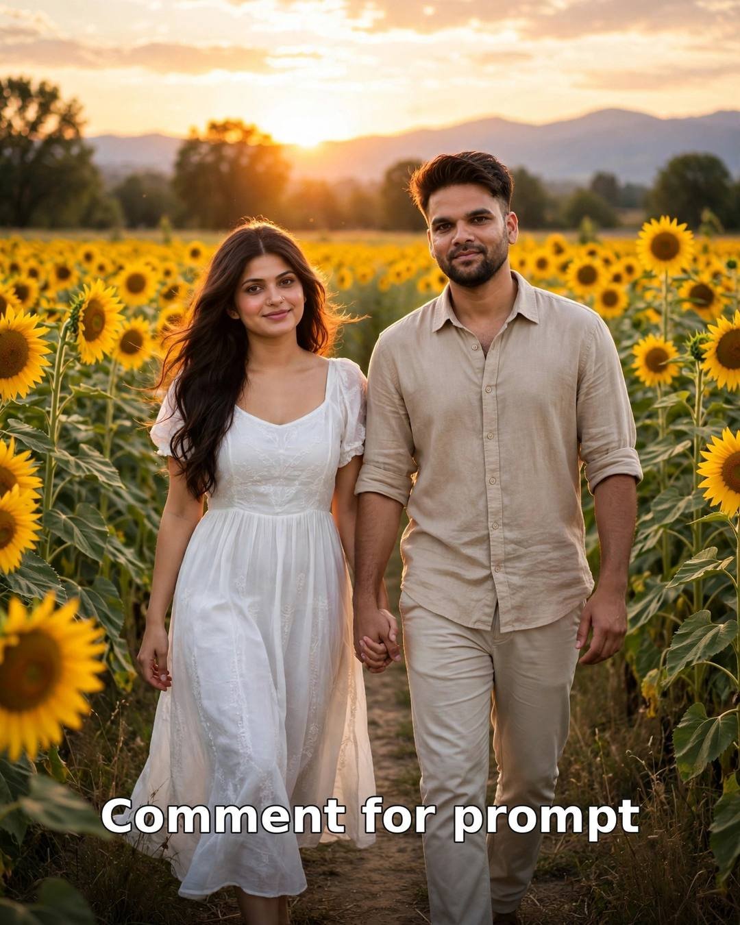 AI couple photo 2026 — couple holding hands on a path through a golden sunflower field at sunset, woman in flowing white summer dress, man in beige shirt, warm golden-hour backlight