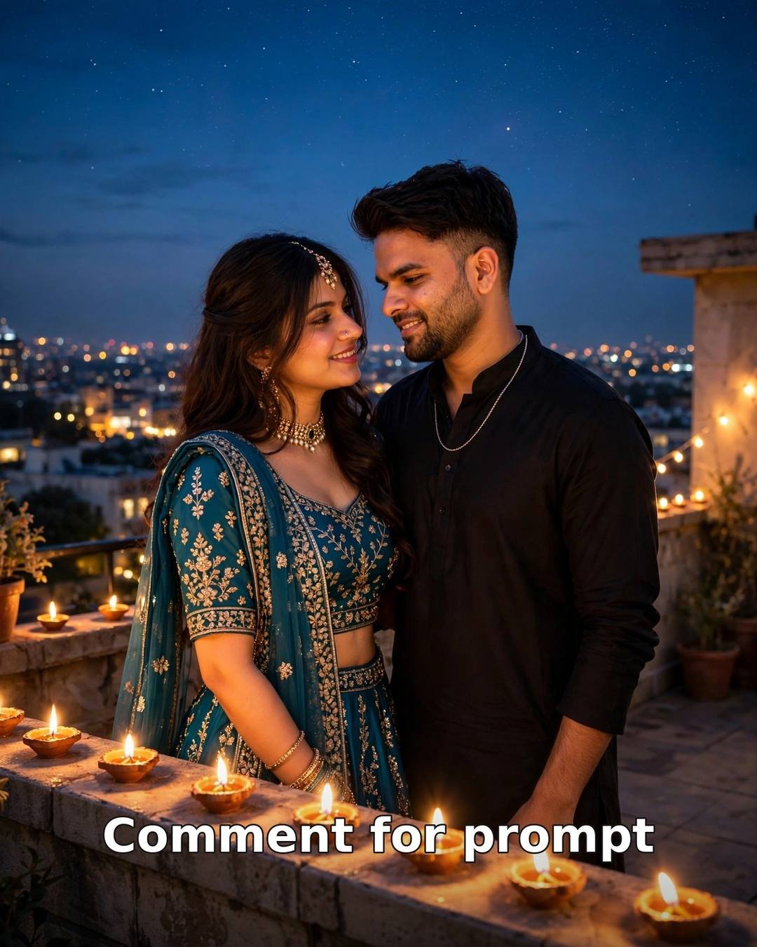 Romantic terrace AI couple photo at dusk — couple lighting diya lanterns together on a rooftop terrace, city lights sparkling below, she in teal lehenga with gold embroidery and he in black kurta, warm golden glow