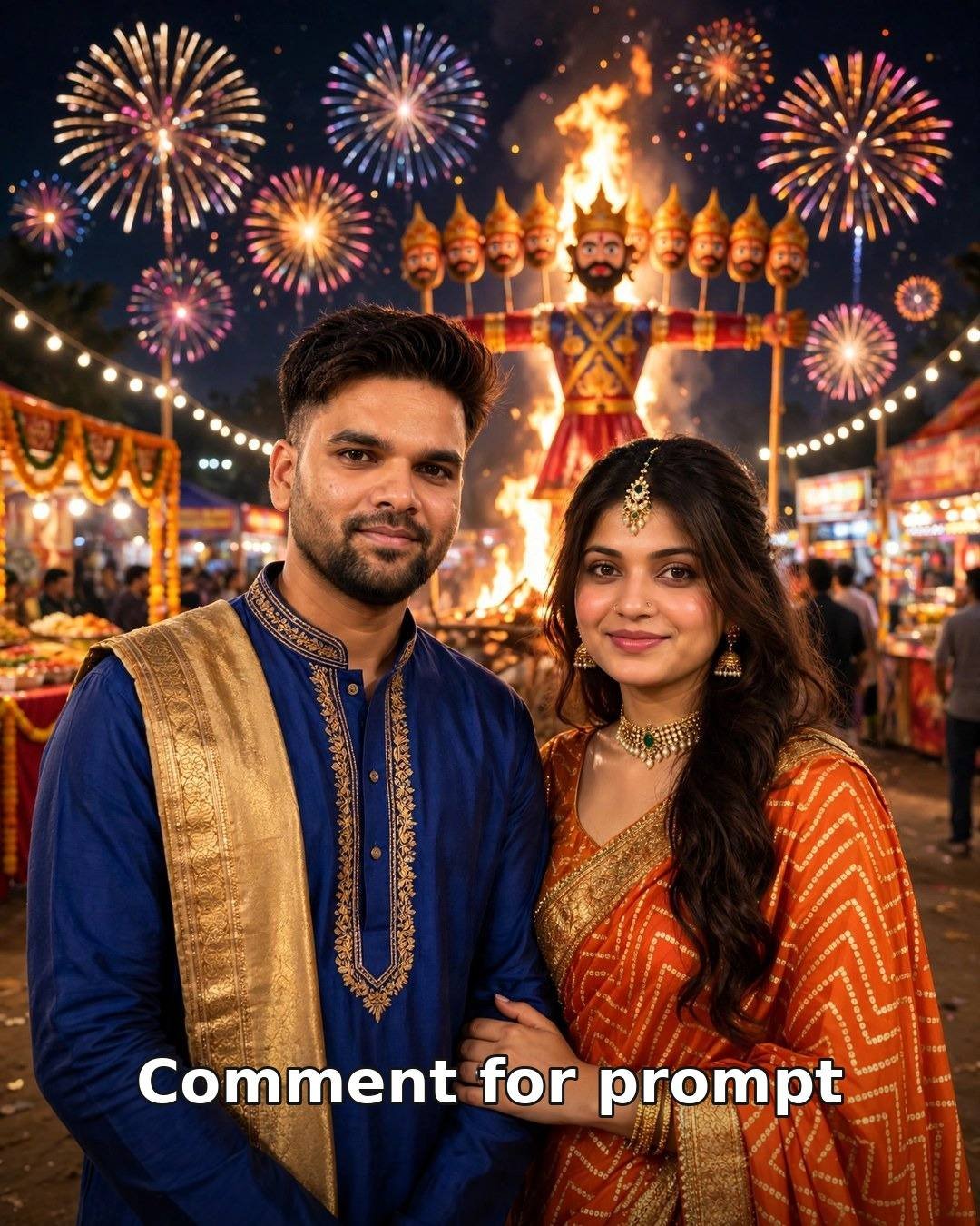 Dussehra AI couple photo — couple at a night fairground with burning Ravana effigy and fireworks, royal blue kurta, orange gold leheriya saree