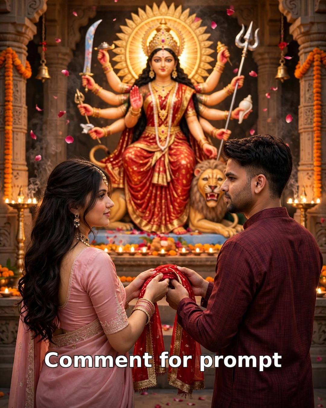 Navratri 2026 AI couple photo — couple offering a red chunari to a grand multi-armed Maa Durga idol in a decorated temple, lion at her feet, rose petals in the air, her pink saree and his maroon kurta