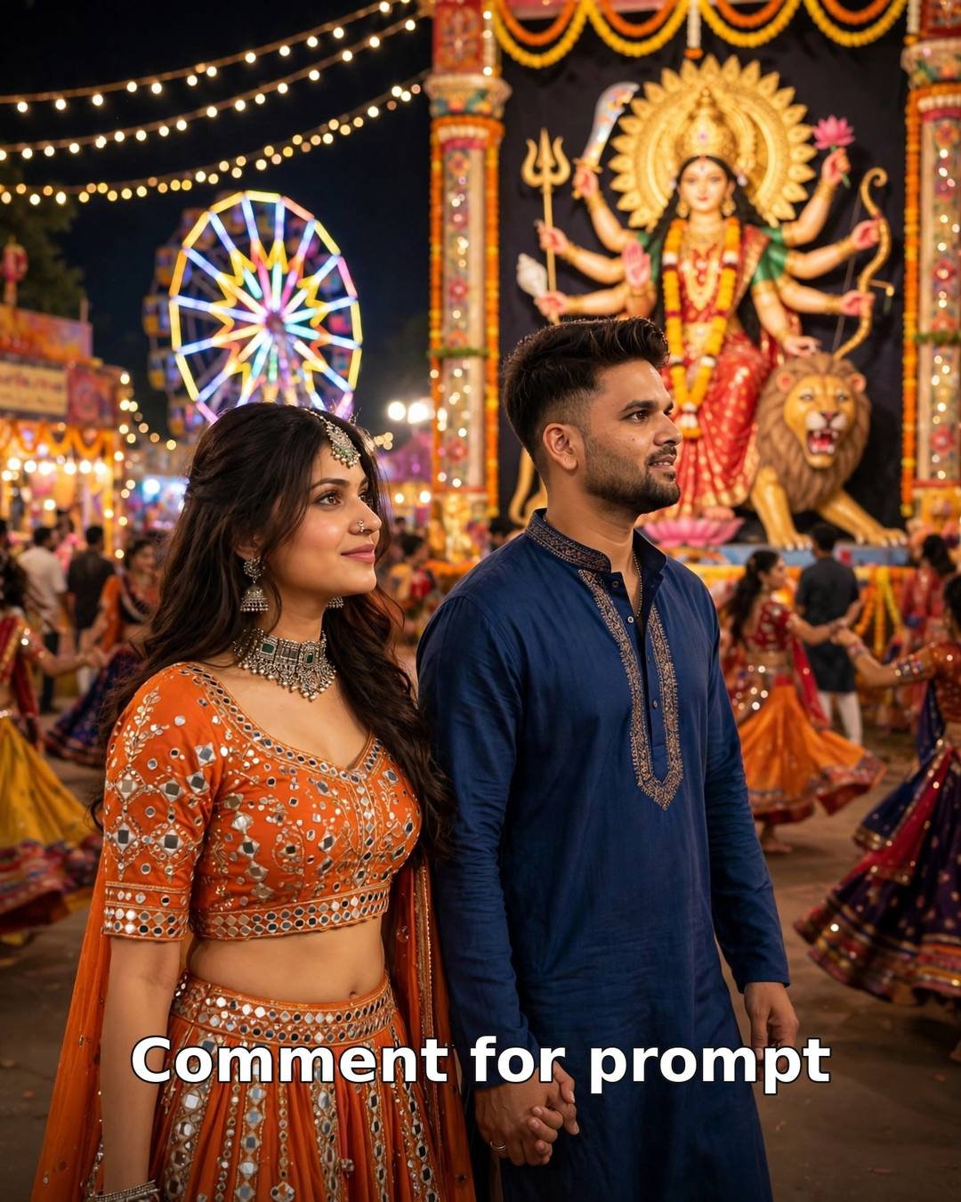 Navratri 2026 AI couple photo — couple walking hand-in-hand through a night mela fair, grand illuminated Maa Durga pandal with lion, golden crown and halo behind them, ferris wheel lights, her orange mirror-work ghagra choli and his deep blue kurta