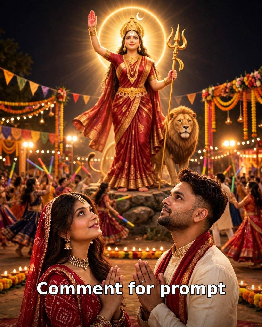 Navratri Day 3 AI couple photo — couple with folded hands before a giant Maa Chandraghanta idol at a garba ground at night, red bandhani lehenga, cream kurta, dandiya dancers bokeh