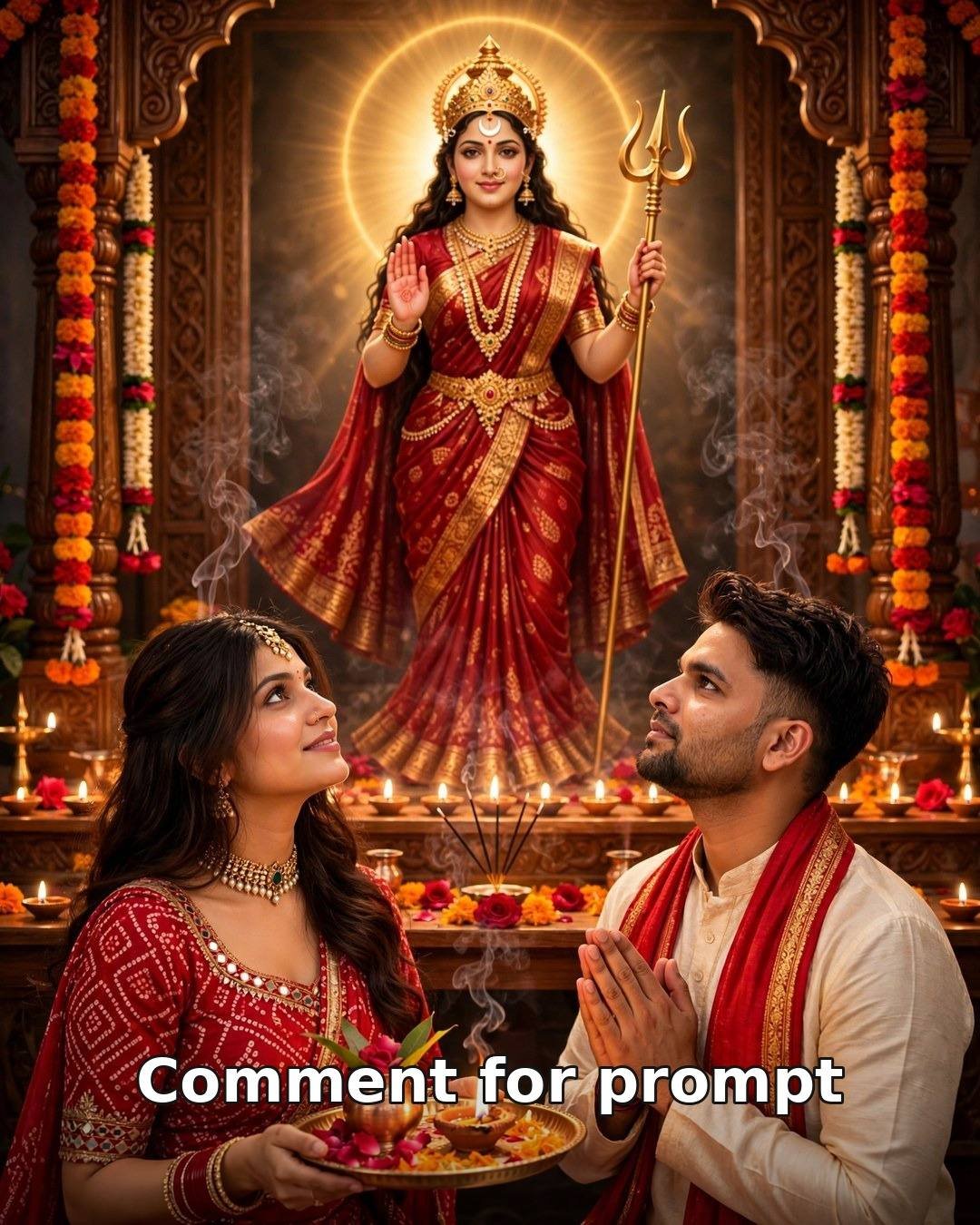 Navratri Day 3 AI couple photo — couple performing aarti with brass thali before glowing Maa Chandraghanta idol in home mandir, diyas, red outfits