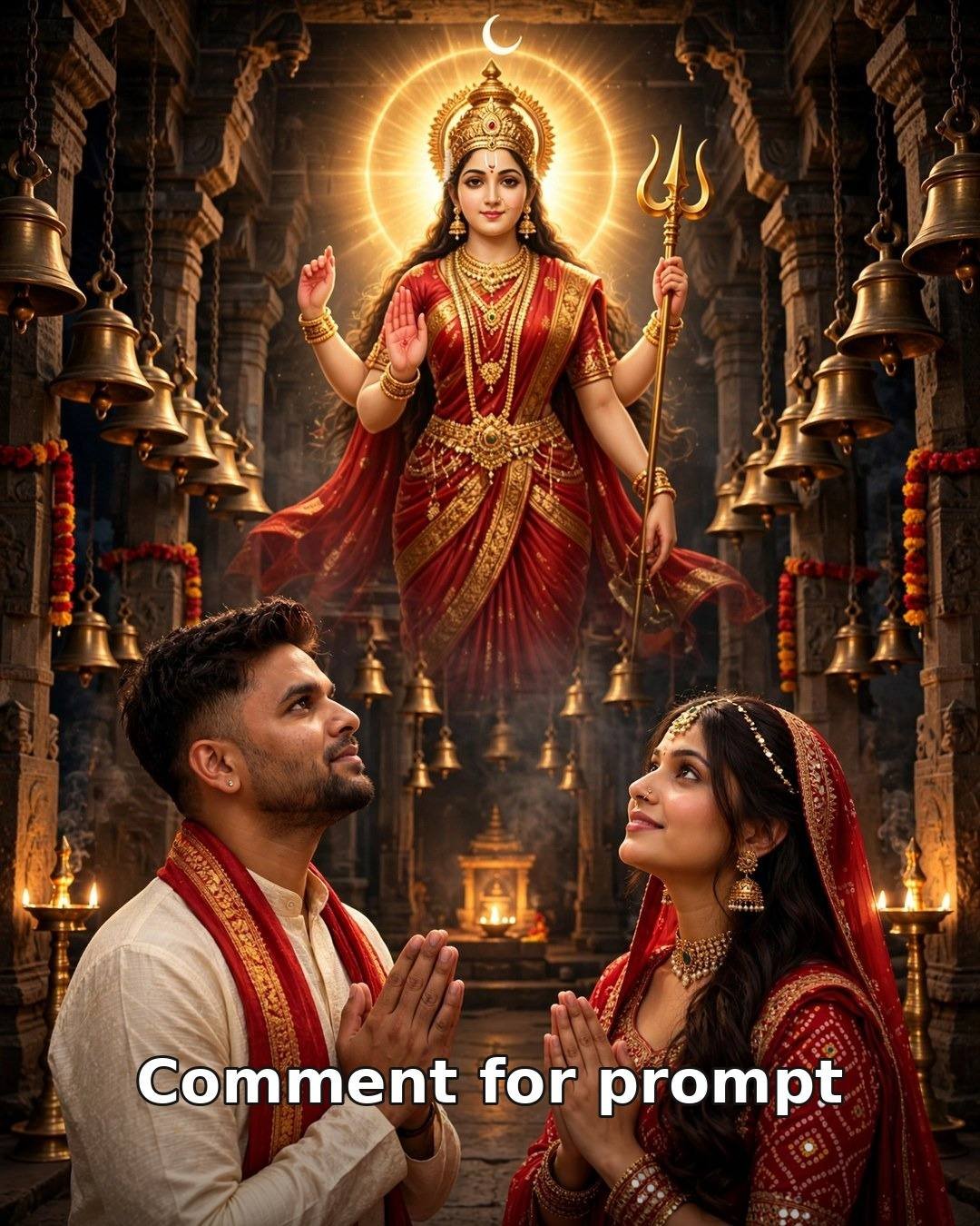 Navratri Day 3 AI couple photo — couple with folded hands before a giant Maa Chandraghanta idol in a stone temple hall with hanging bells, red festive outfits