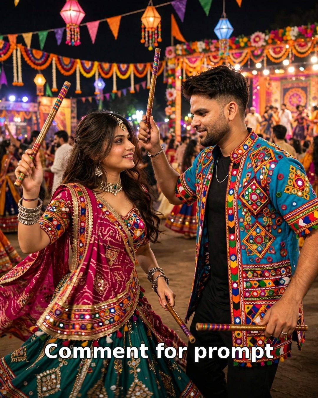 AI couple photo Navratri garba night dandiya dance, colourful kediyu and chaniya choli festive fashion