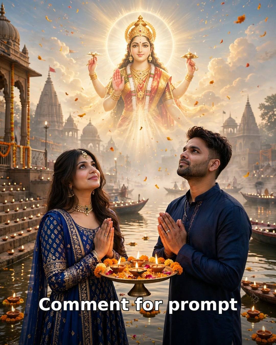 AI couple photo Navratri Day 4 Maa Kushmanda blessing at sunrise river ghat aarti, royal blue ethnic outfits