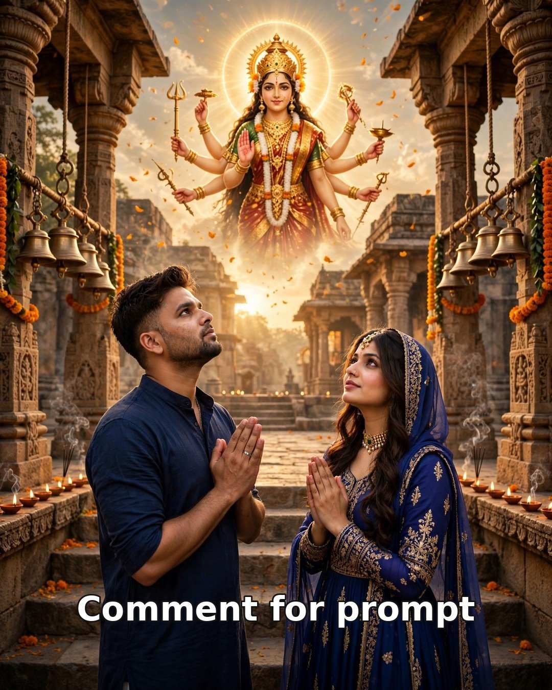 AI couple photo Navratri Day 4 Maa Kushmanda blessing at ancient temple courtyard golden hour, royal blue ethnic outfits