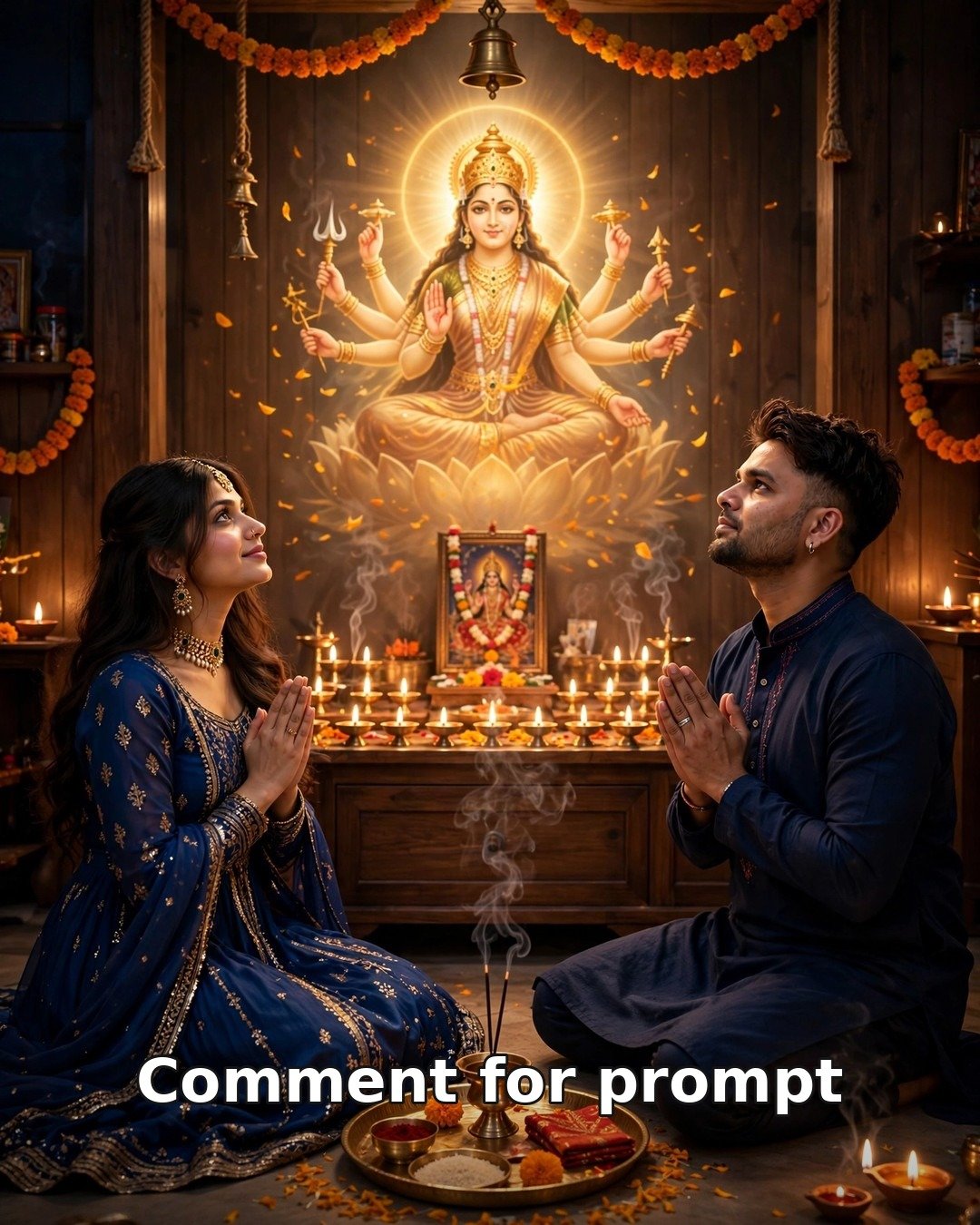 AI couple photo Navratri Day 4 home aarti for Maa Kushmanda, royal blue ethnic outfits, lit diyas home altar