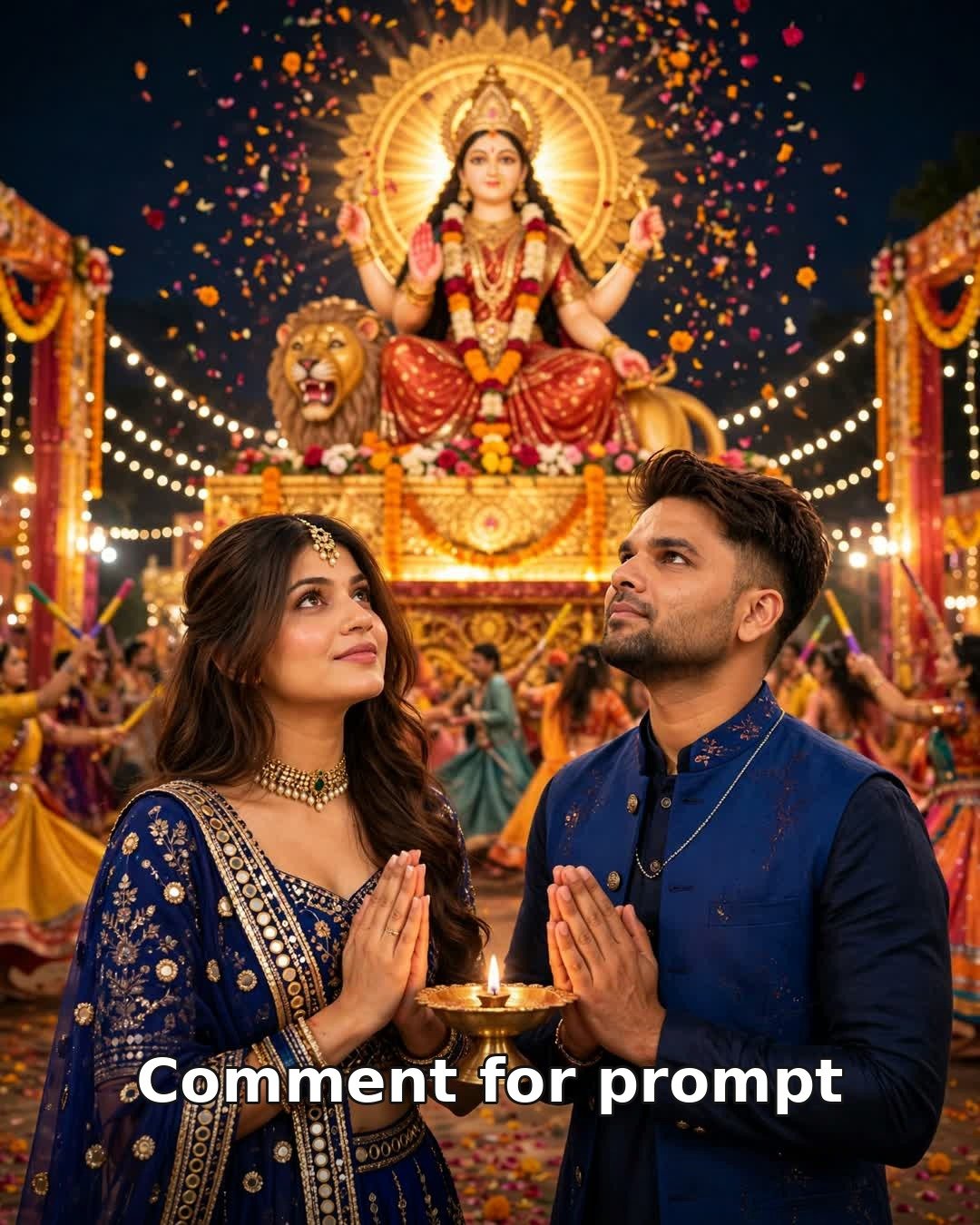 AI couple photo Navratri Day 4 garba pandal before Maa Kushmanda idol, royal blue lehenga mirror work, dandiya dancers