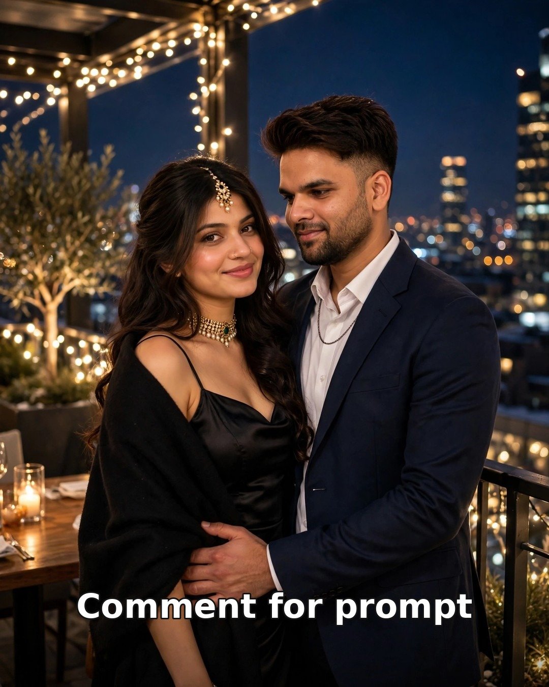AI couple photo rooftop dinner date at night, navy blazer and black satin dress, city skyline bokeh fairy lights