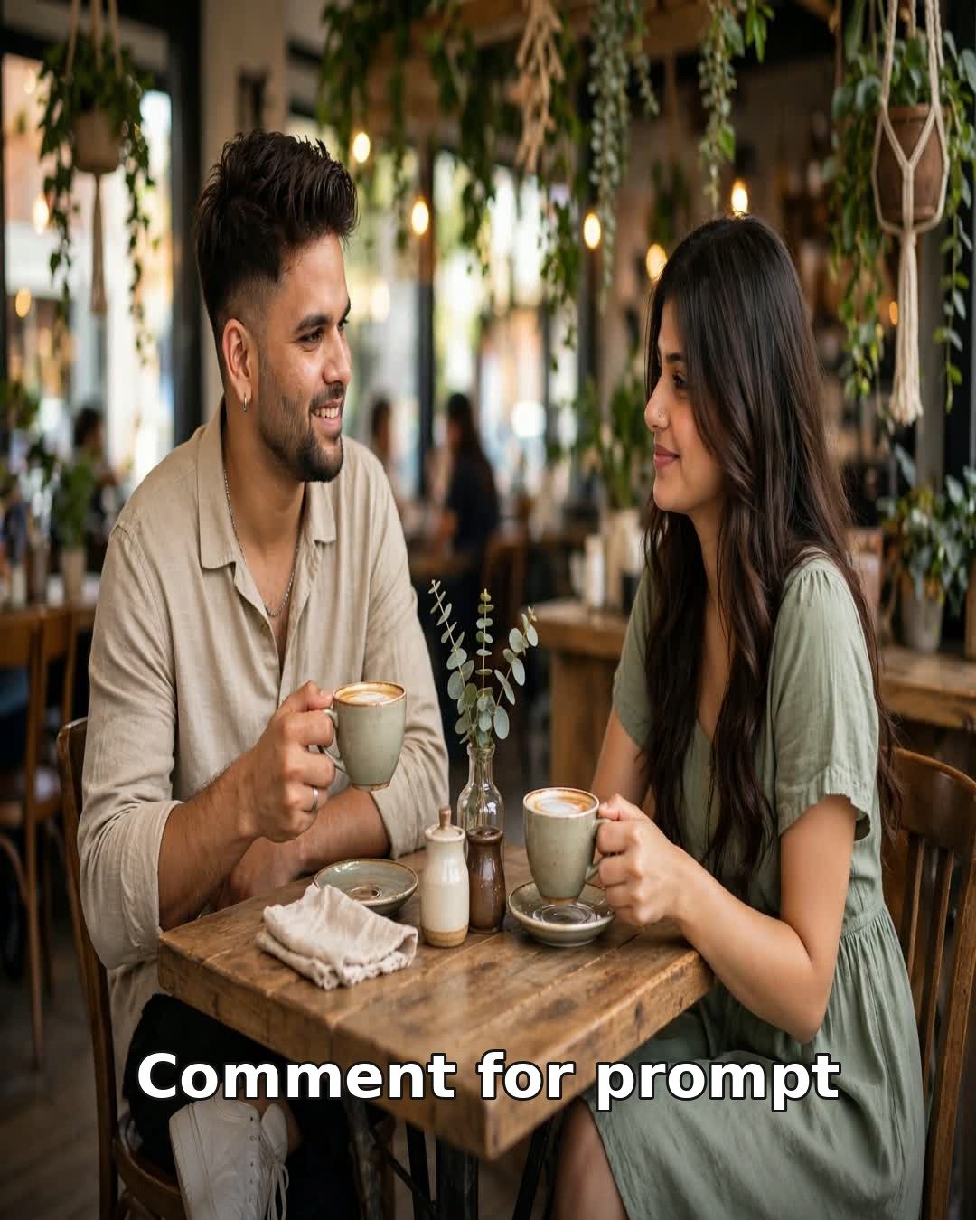 AI couple photo candid coffee date, aesthetic cafe, beige linen shirt sage green dress