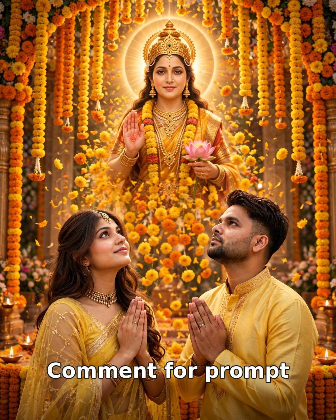 AI couple photo Navratri Day 5 Maa Skandamata blessing, yellow ethnic outfits, marigold flower mandap