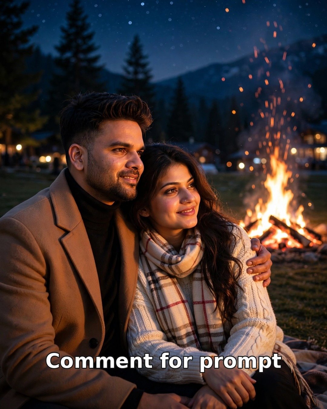 AI couple photo winter bonfire night, warm firelight, cozy couple in winter fashion by fire