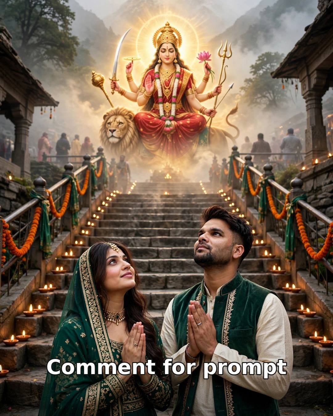 AI couple photo Navratri Day 6 Maa Katyayani blessing, green ethnic outfits, misty mountain shrine steps